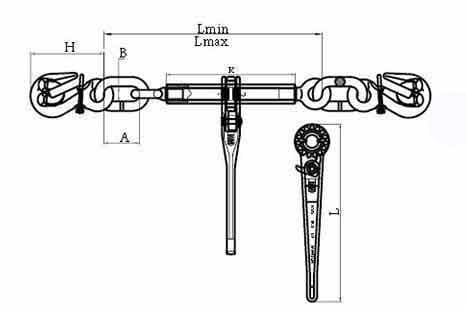 Grade 80 Ratchet Load Binder — EN 12195-3 — dimension drawing, safety hooks