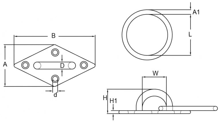 Stainless Steel Diamond Pad Eye with Ring — dimension drawing