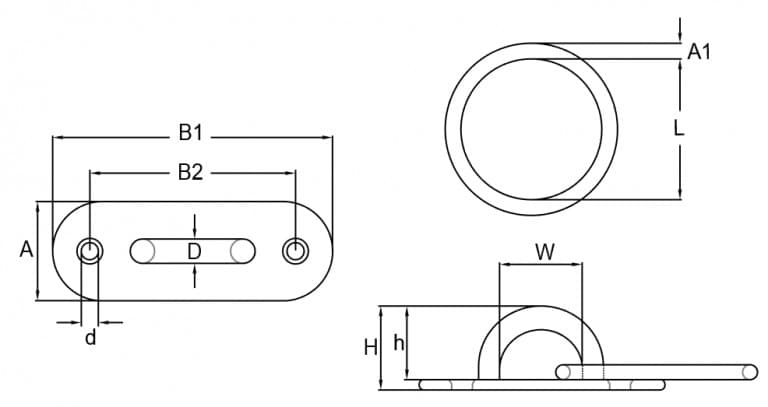 Stainless Steel Oblong Pad Eye Plate with Ring — dimension drawing