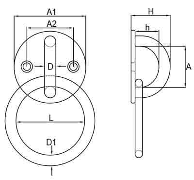 Stainless Steel Round Pad Eye Plate with Ring — dimension drawing