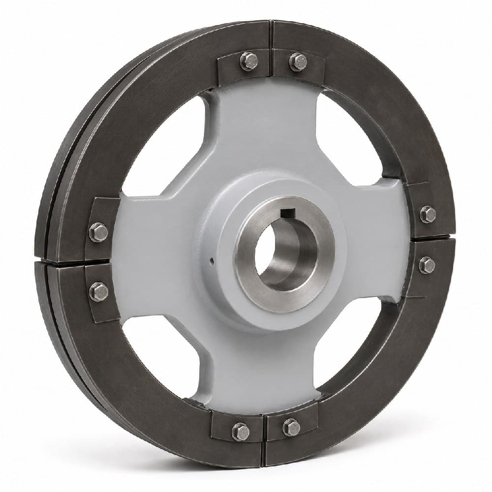 Segmented plain wheel for bucket elevator chain, bolted rim segments on a four-arm hub