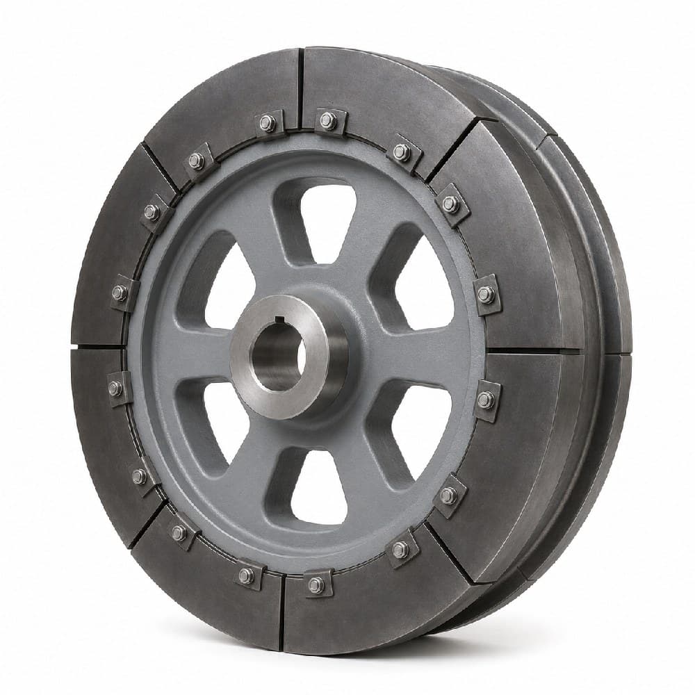 Segmented plain rim wheel for bucket elevator chain, bolted wear segments on a spoked hub