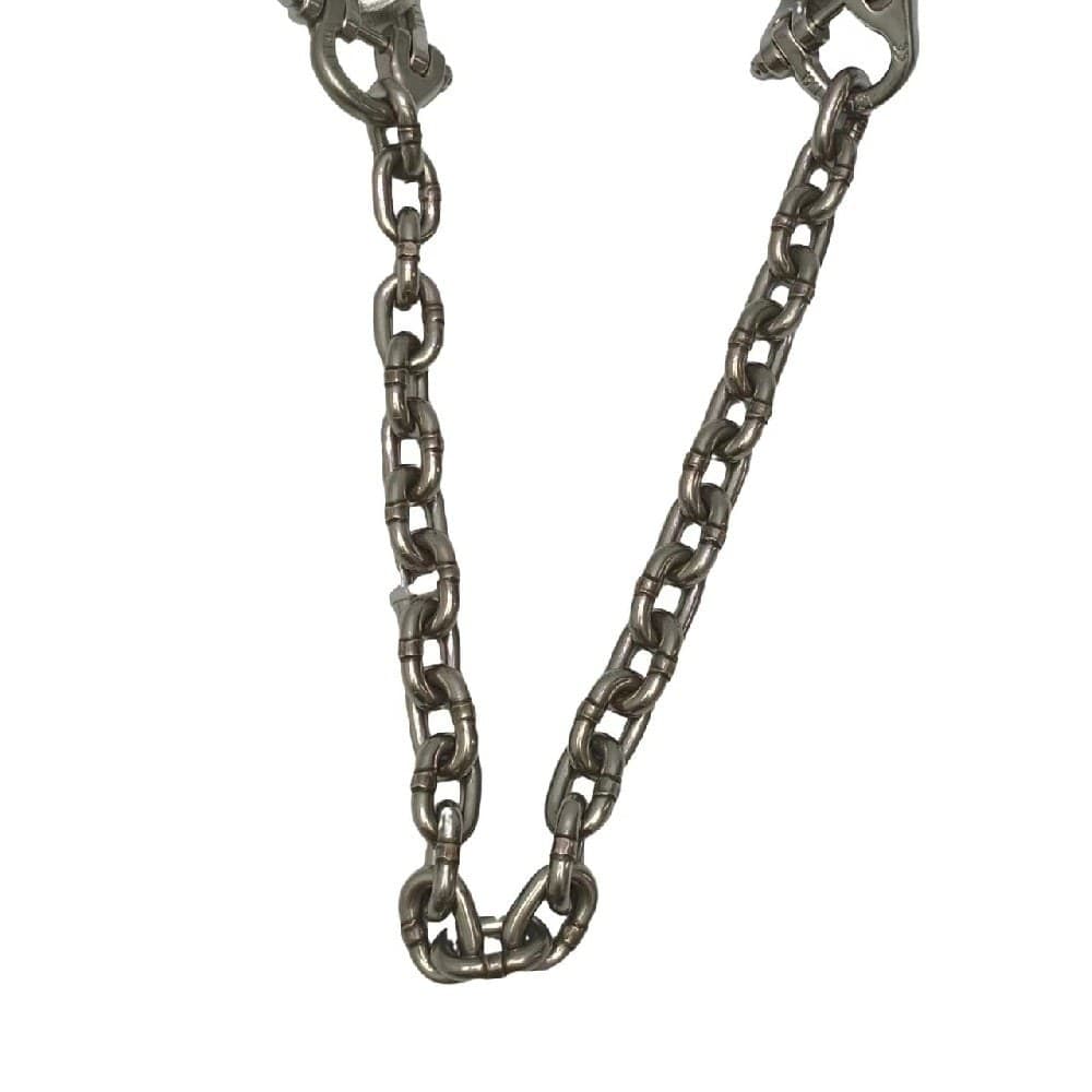 Grade 60 stainless steel lifting chain hanging in a V, short welded links