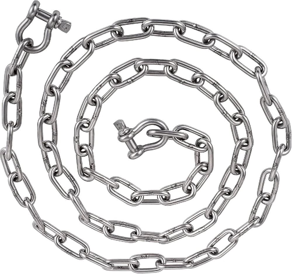 Coil of stainless steel DIN 766 calibrated chain with shackles on each end