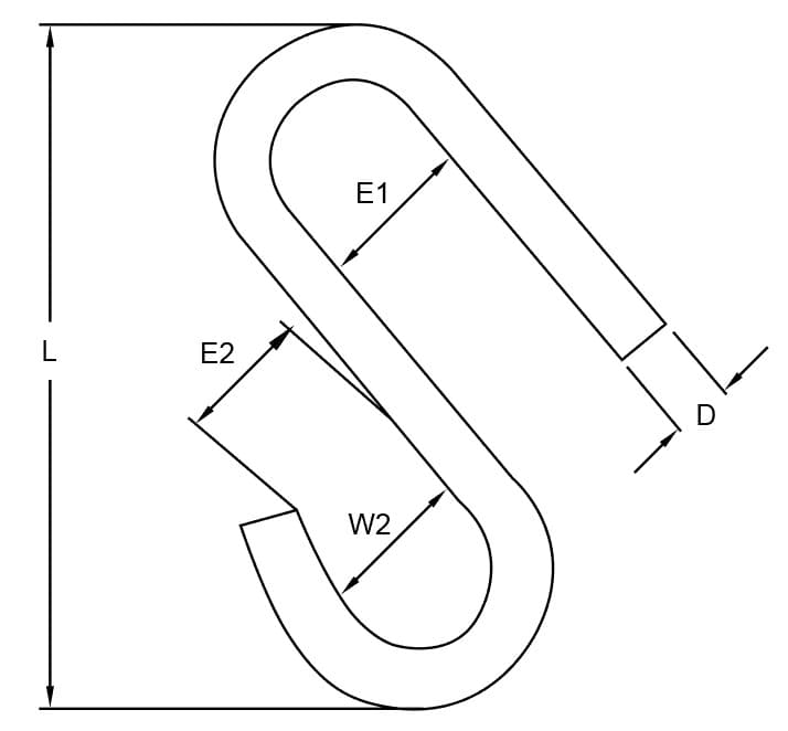 Stainless Steel Long Arm S Hook — dimension drawing