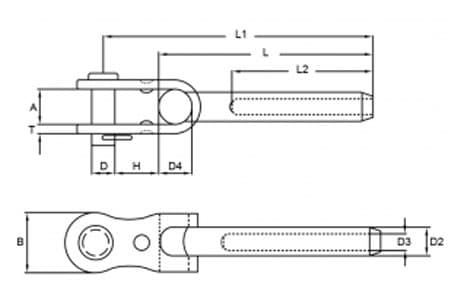 Stainless Steel Swage Toggle Terminal U.S. Type (thin-wall) — dimension drawing