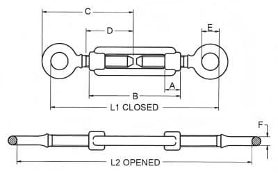Turnbuckle — Italian Type — dimension drawing, eye and eye