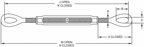 Stainless Steel Drop Forged Turnbuckle — US Type — dimension drawing, eye and eye