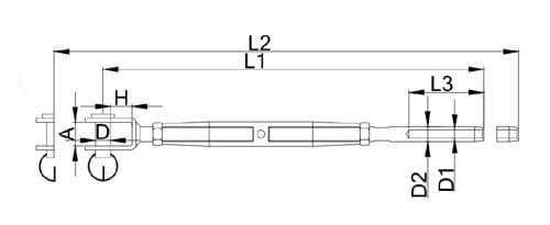 Stainless Steel Rigging Screw — Swage and Fork Ends — dimension drawing, jaw and swage stud