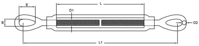 Stainless Steel Turnbuckle — US Type — dimension drawing, eye and eye
