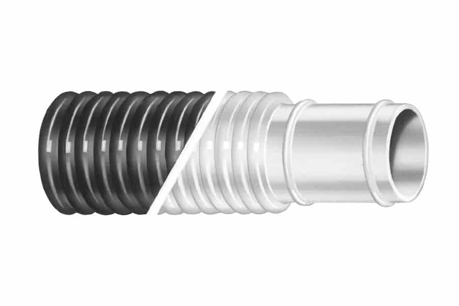 Corrugated Polyethylene Bilge Hose, Black or White, cutaway showing the tube, reinforcement and cover