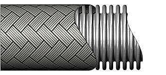 High-pressure annular metal hose, braid cut back to show corrugations