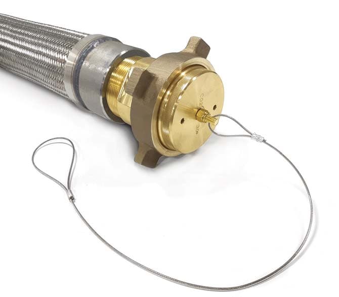 Cryogenic CO₂ dewar transfer connector with brass cap and tether