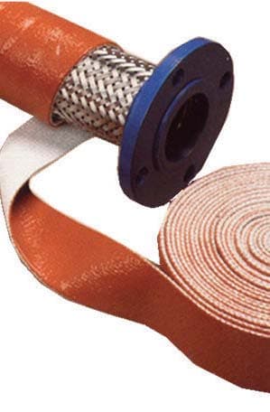 Red Fry-Sil fire tape wrapped over a braided hose and flange