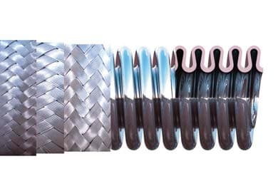 Cutaway of compressed helical metal hose, Type 321, braid and core