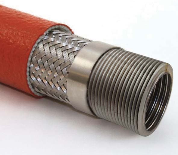 Fully compressed 316L annular hose with orange fire sleeve over braid