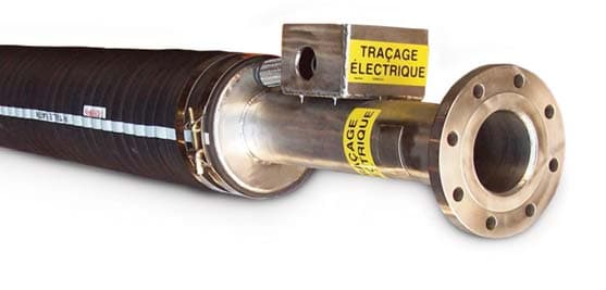 Hazardous-area heated metallic hose, 2 in, with heat-trace labels