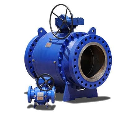 Blue trunnion ball valves with gear operators (flanged valves shown, 1502 listing)