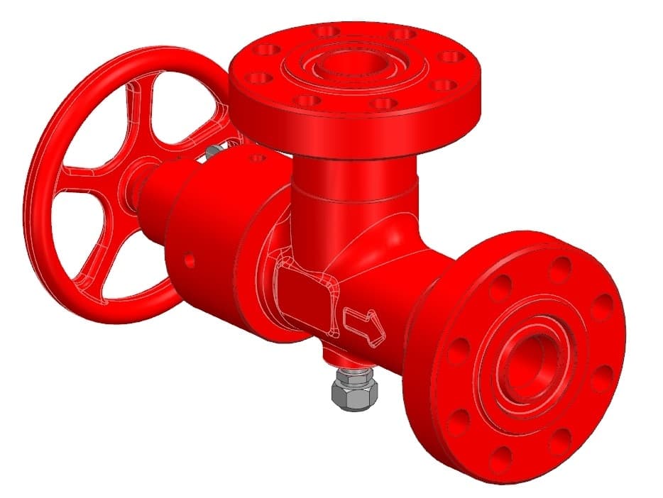 Red adjustable manual choke with handwheel, H2 trim (flanged body shown)