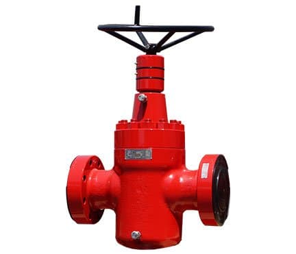 Red manual gate valve with handwheel, 3-1/16 in × 10M flanged, API 6A