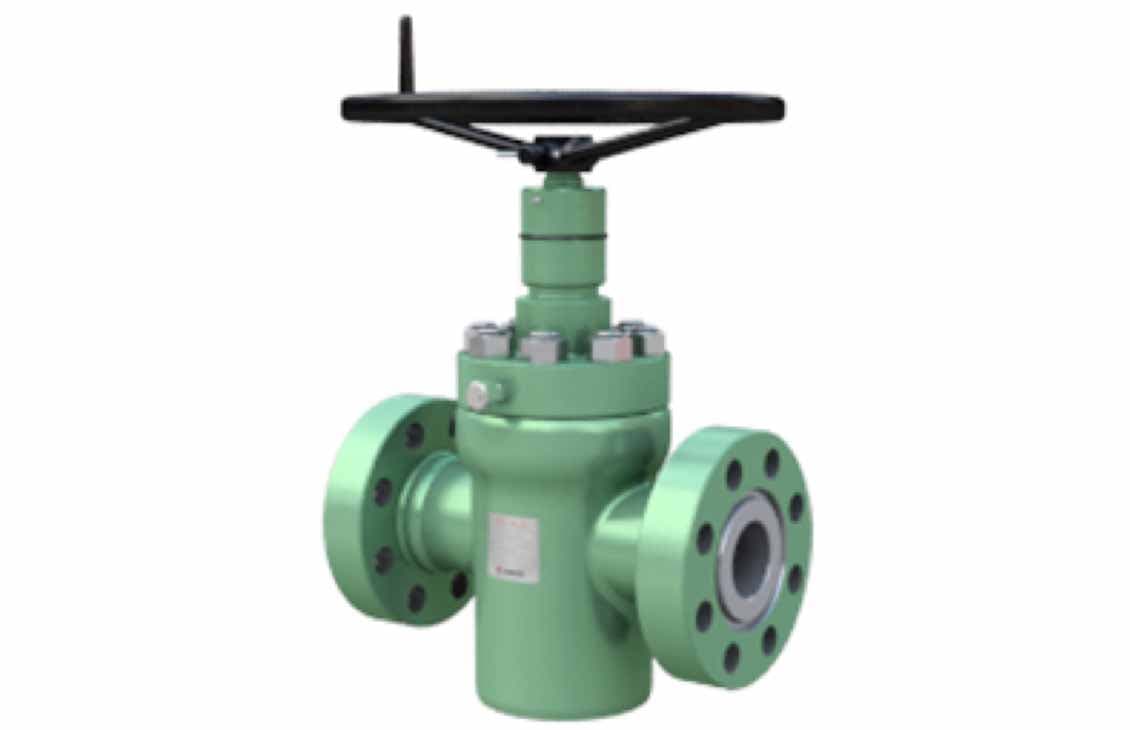 Green manual gate valve with handwheel, 3-1/16 in × 15M flanged, API 6A