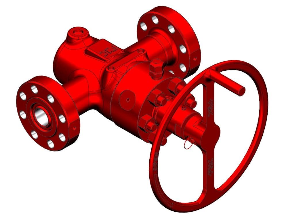 Red manual slab gate valve with large handwheel, 3-1/16 in × 15M flanged