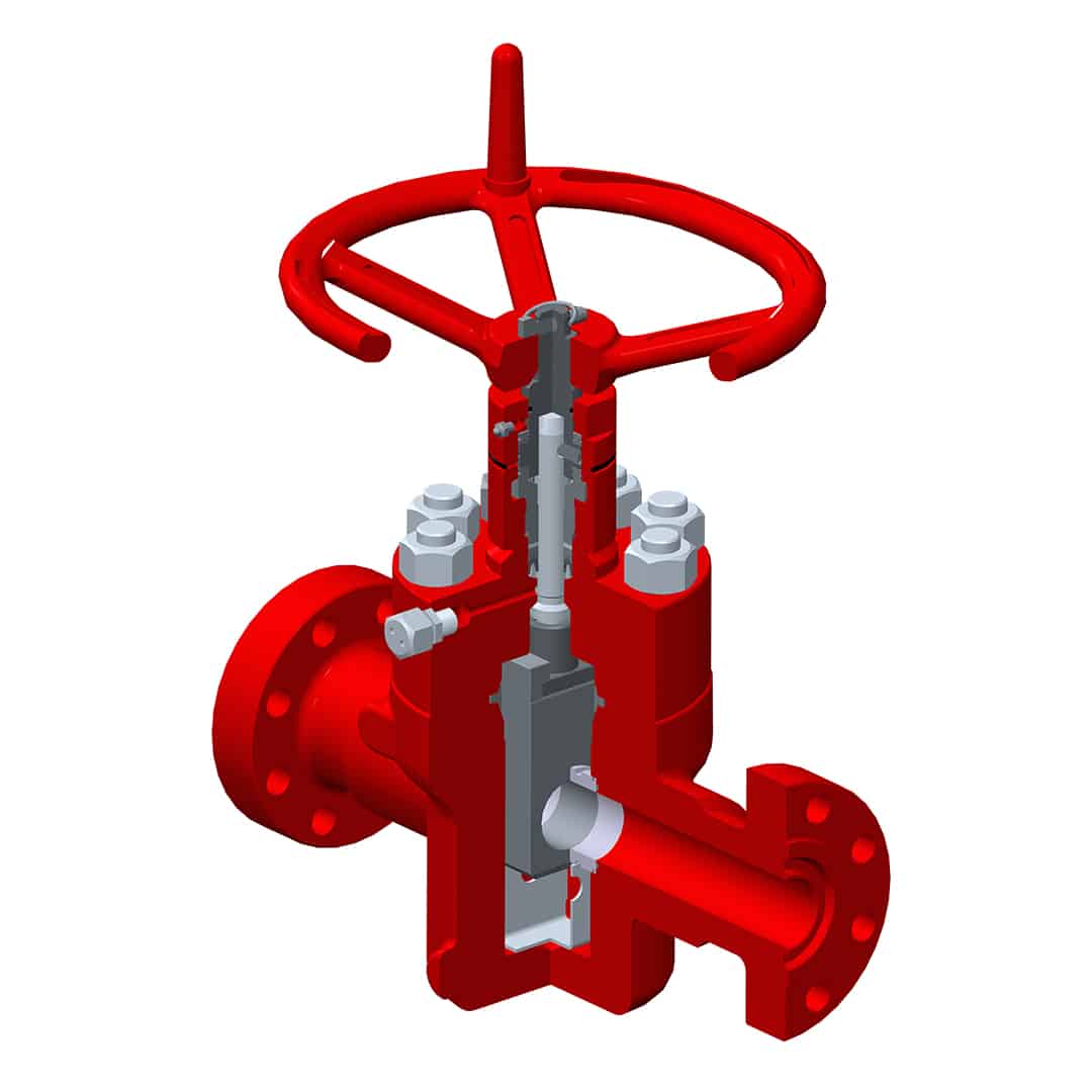 Cutaway of a red FLS manual gate valve, 3-1/8 in × 5M flanged