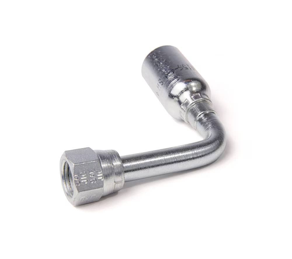 Parker 14156 Female JIC 37° crimp hose fitting, swivel, 90° elbow, long drop, product photo