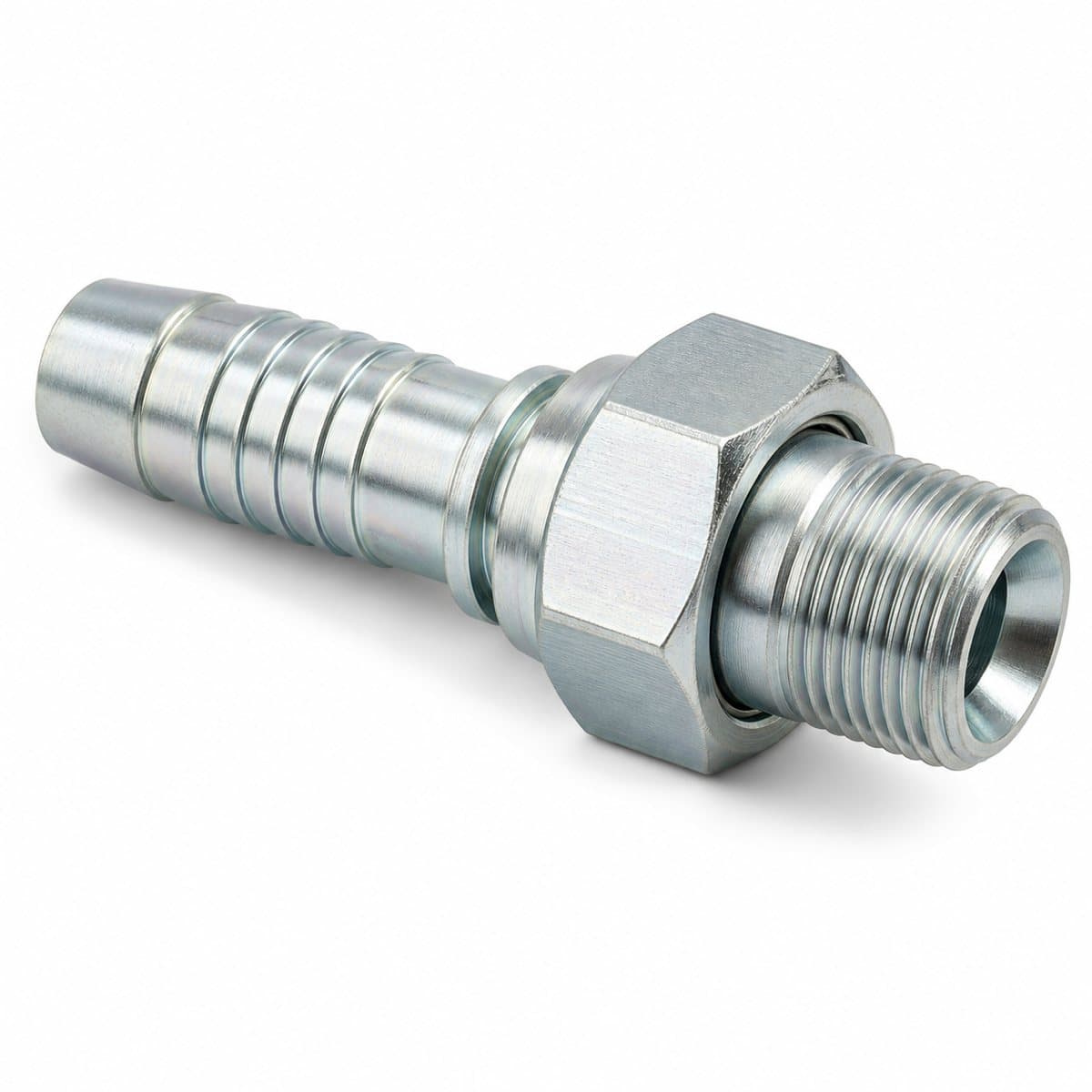 NPT male swivel crimp fitting for spiral hose, zinc-plated steel swivel nut and threaded end