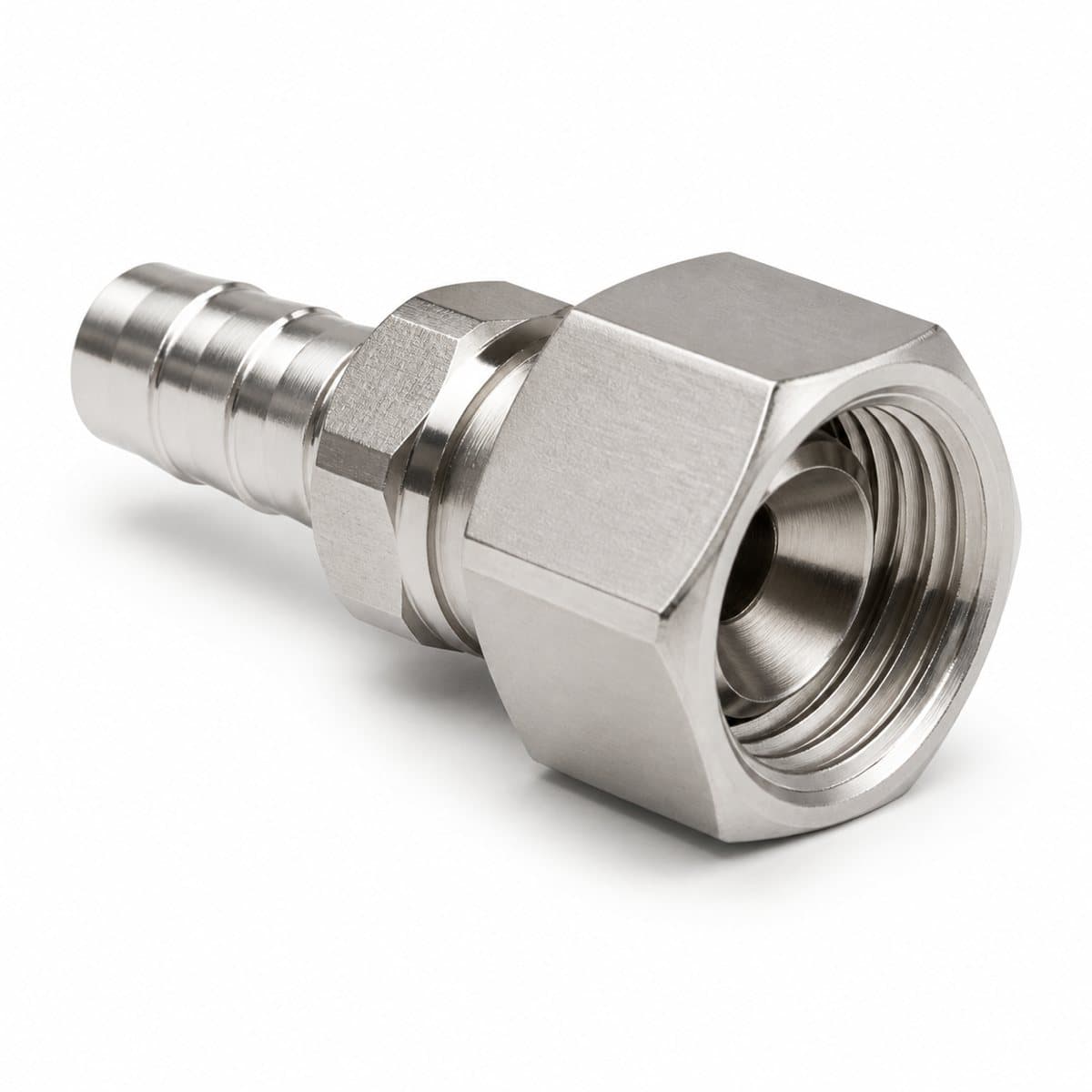 Pressure washer and waterjet female hose fitting, large hex swivel nut on a serrated hose tail