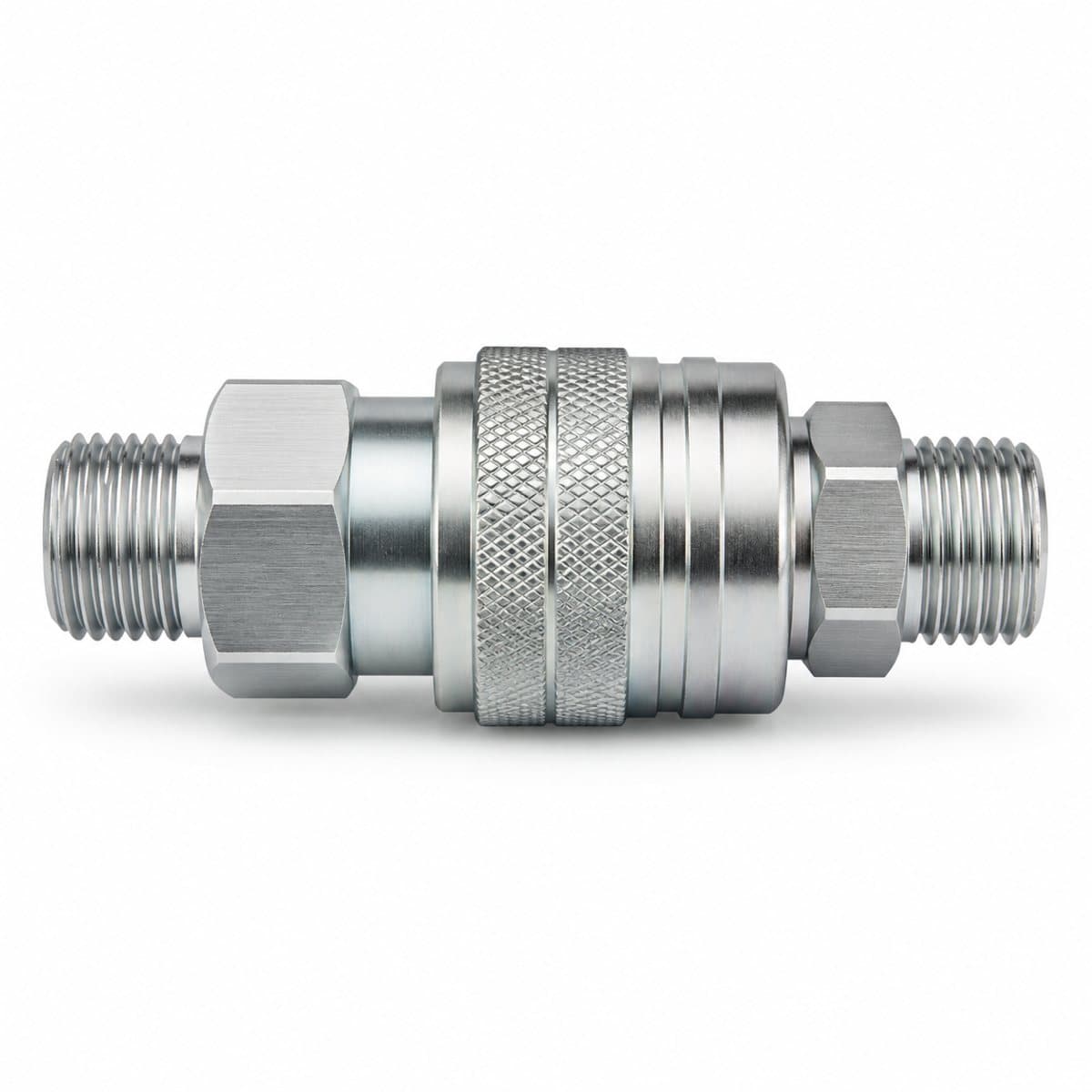 ARO 210 interchange air quick coupler, coupled pair with knurled sleeve and male threads