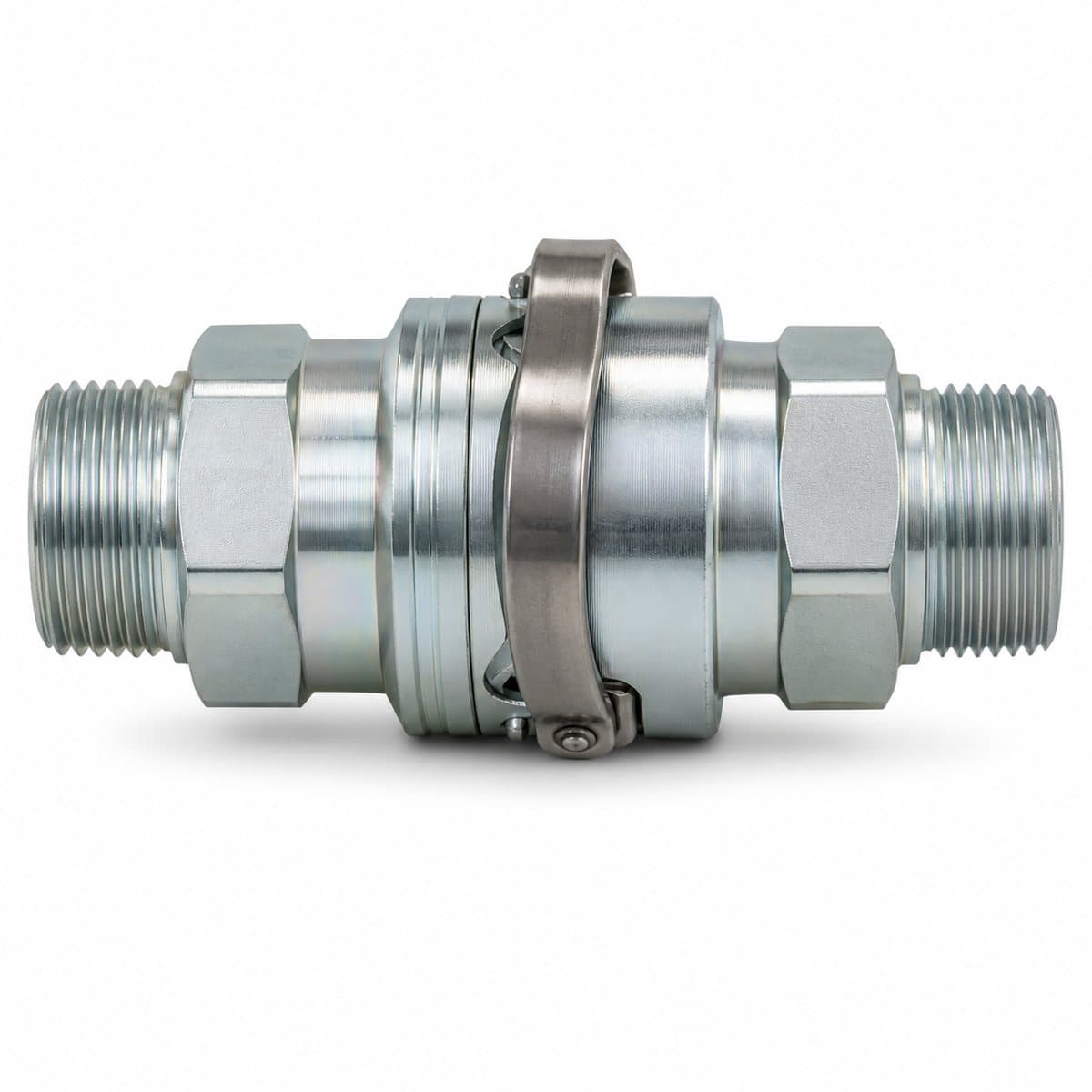 10,000 psi arc-latch hydraulic quick coupler, coupled pair with threaded ends and latch ring