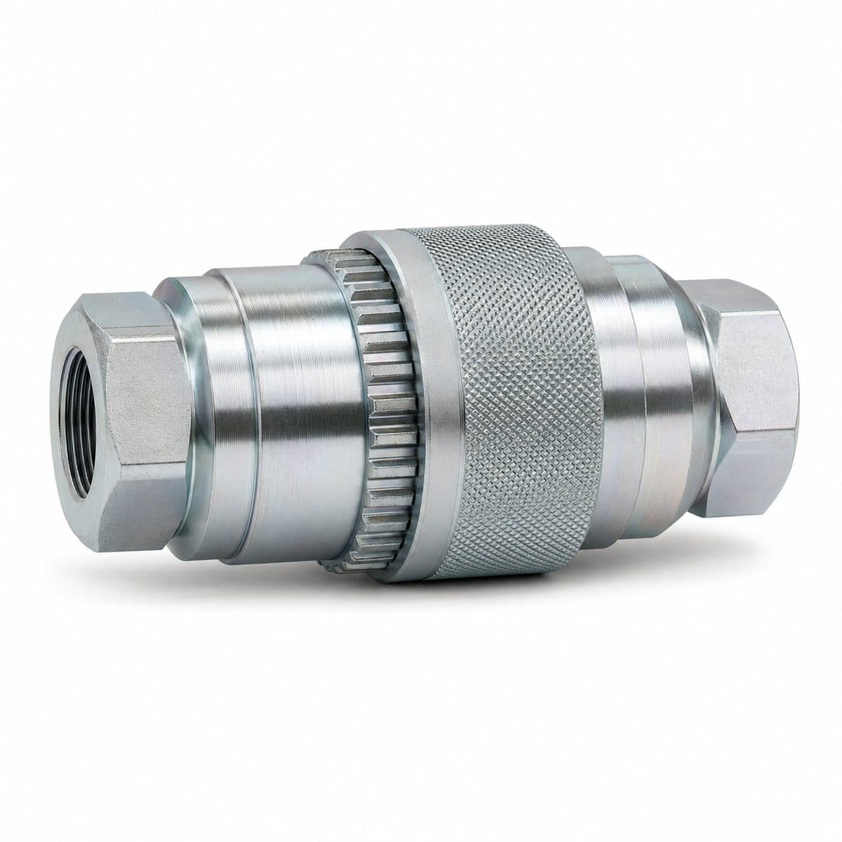 Dry-break thread-to-connect quick coupler, coupled pair with knurled locking sleeve
