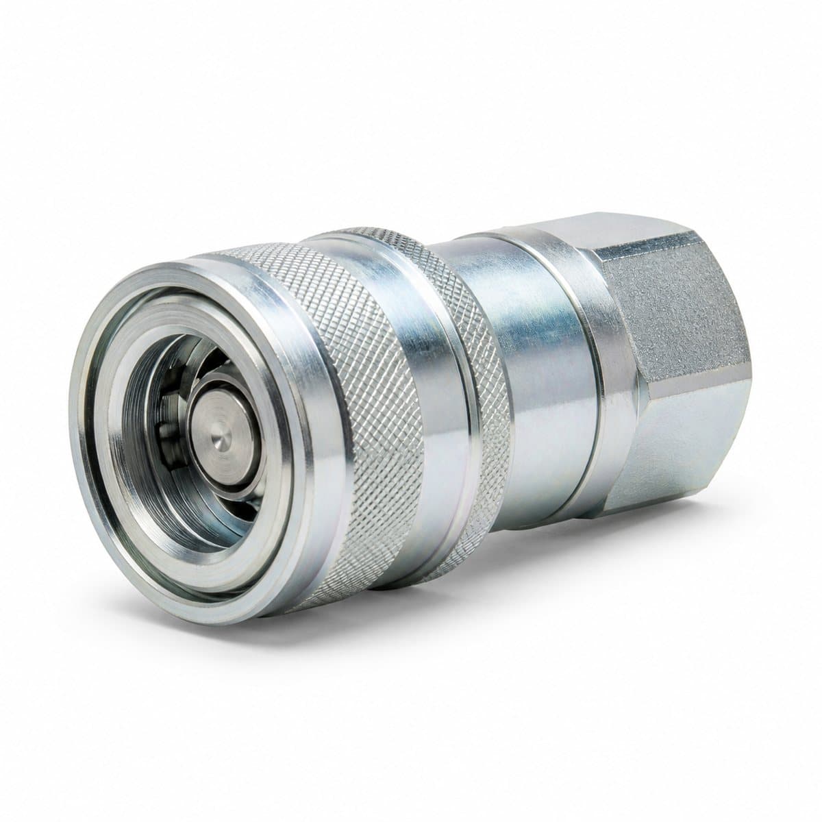 Connect-under-pressure farm quick coupler, female socket face with valve visible