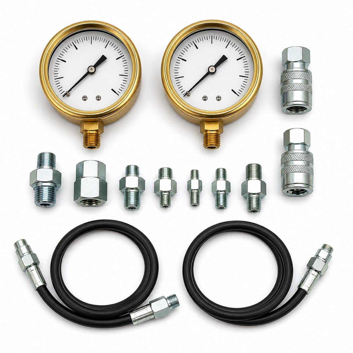 Hydraulic pressure gauge test kit: two gauges, test hoses, couplers and thread adapters