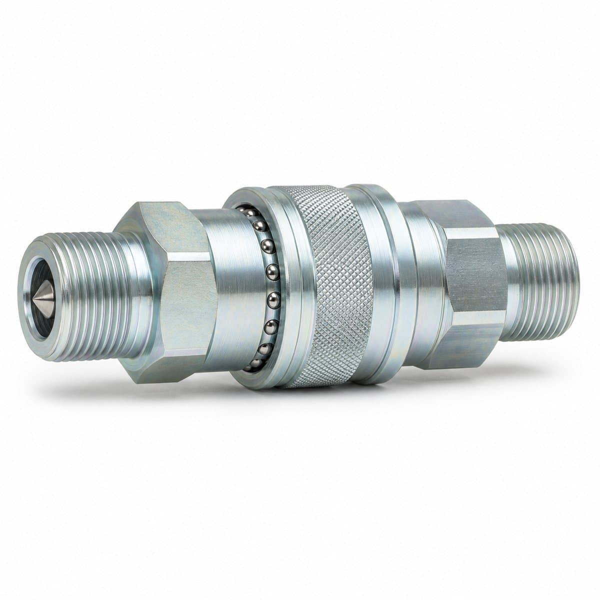 ISO 7241 Series B valved hydraulic quick coupler, coupled pair with knurled sleeve