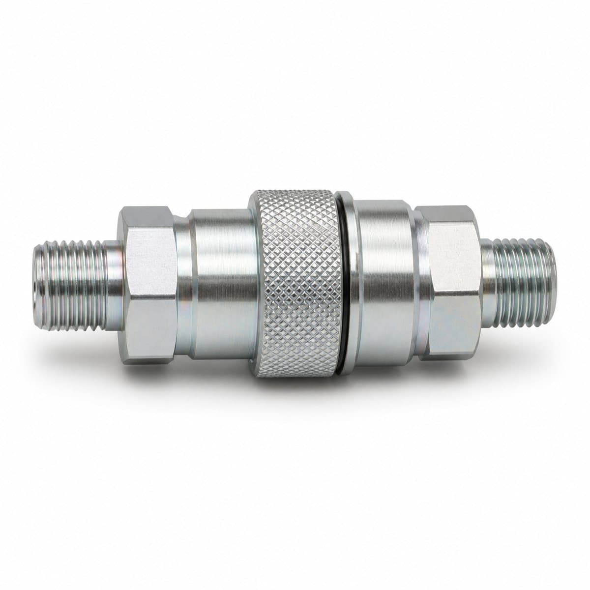 Refrigerant quick coupler with low air inclusion, coupled pair with hex ends