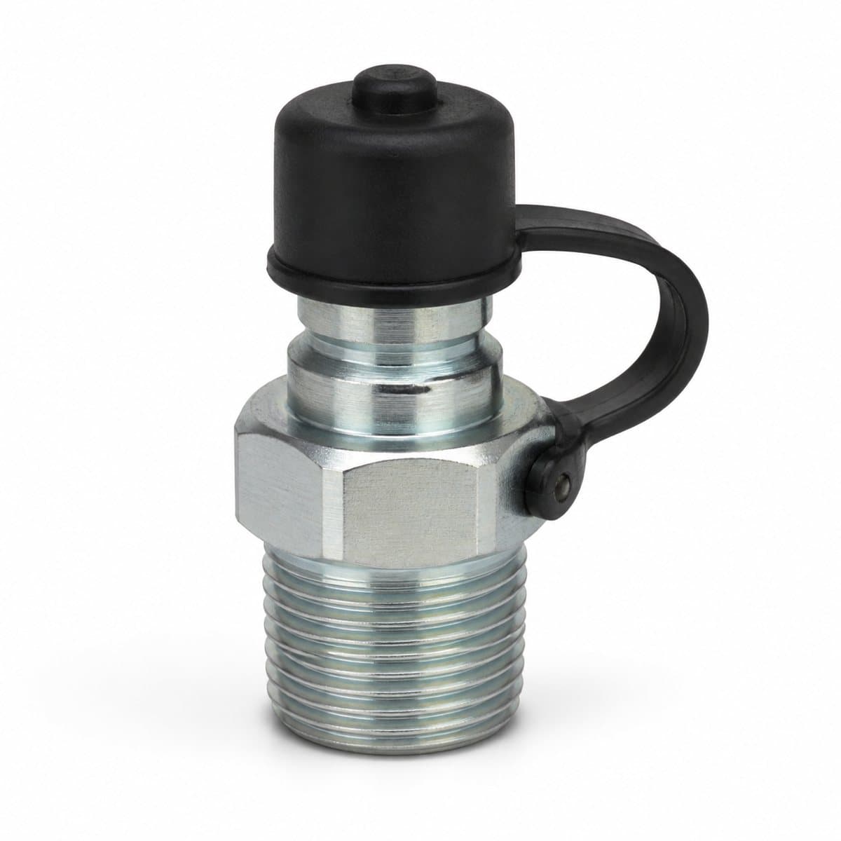 SAE J1502 diagnostic test-point coupler with tethered black dust cap and NPT thread