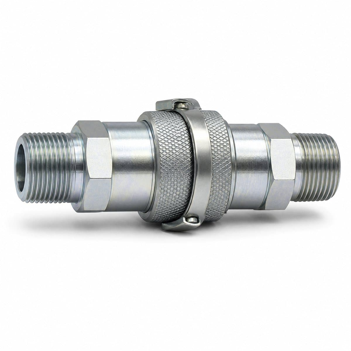 10,000 psi water blast quick coupler, coupled pair with knurled sleeve and safety latch