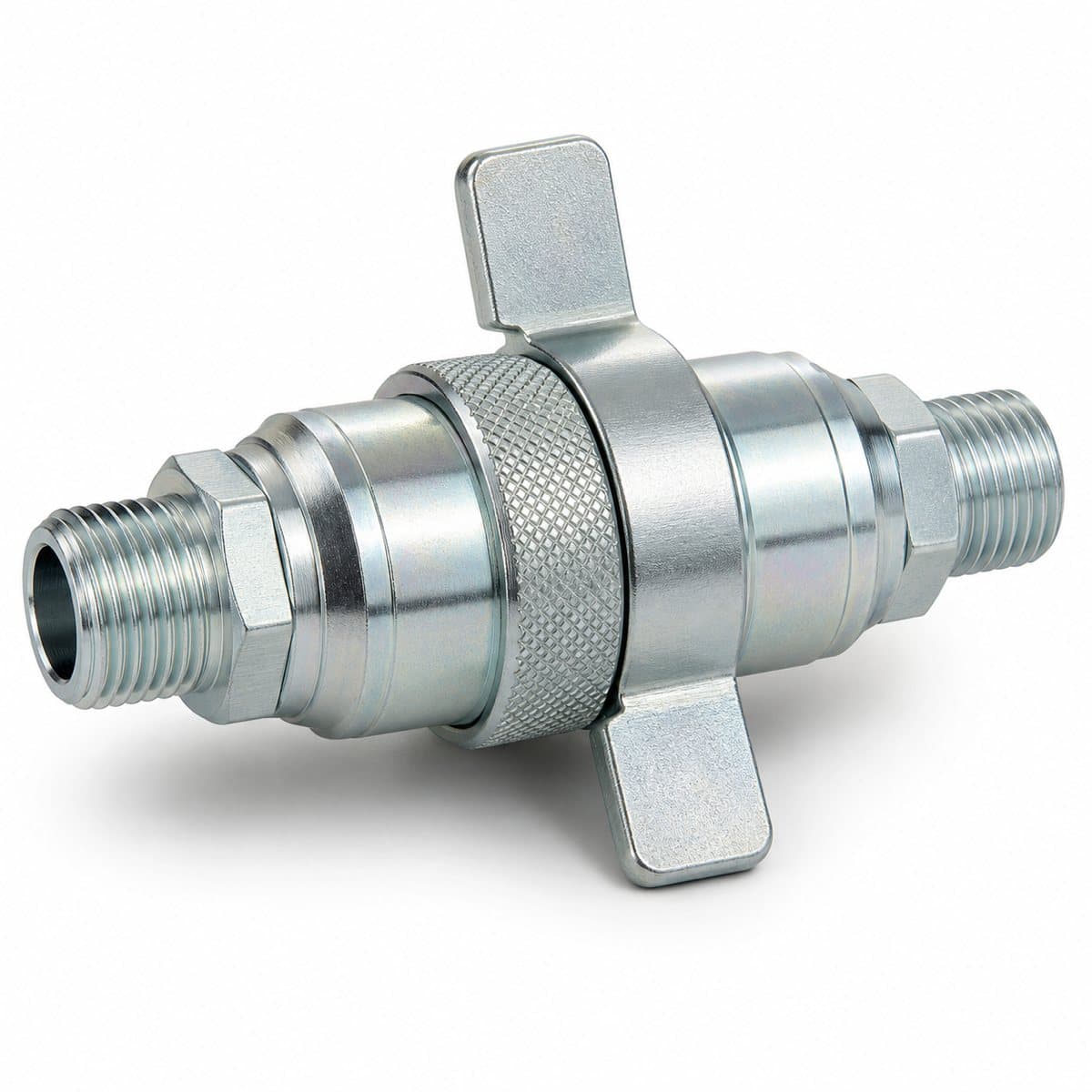 Wing nut hydraulic quick coupling, coupled pair with wing nut and male threads
