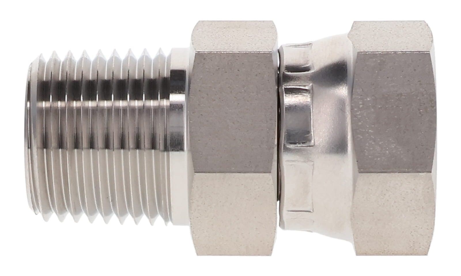 Stainless steel NPT male × NPSM female swivel adapter, 316L, side view