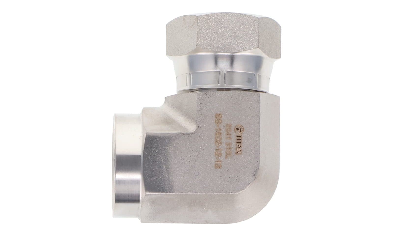 Stainless steel NPT female × NPSM female swivel 90° elbow, 316L, top view