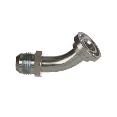 Stainless steel JIC 37° male × SAE code 61 flange head 45° elbow, 316L, side view
