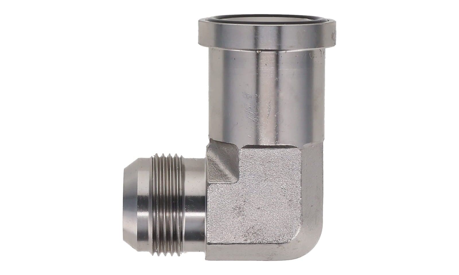 Stainless steel JIC 37° male × SAE code 61 flange head 90° elbow, 316L, side view
