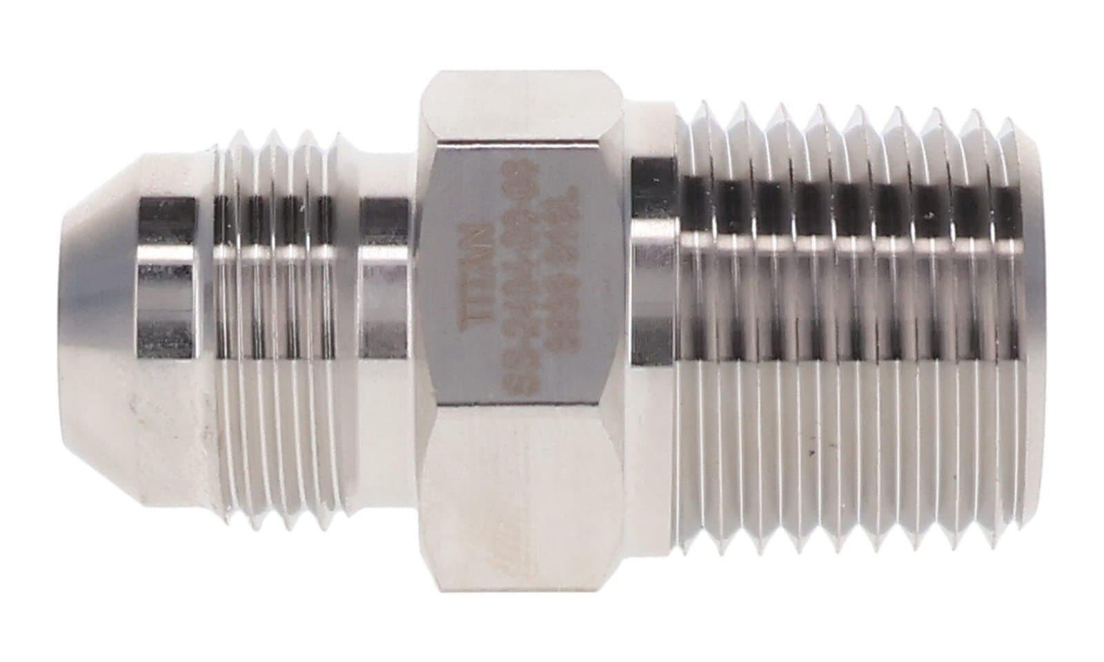 Stainless steel JIC 37° male × NPT male connector, 316L, side view