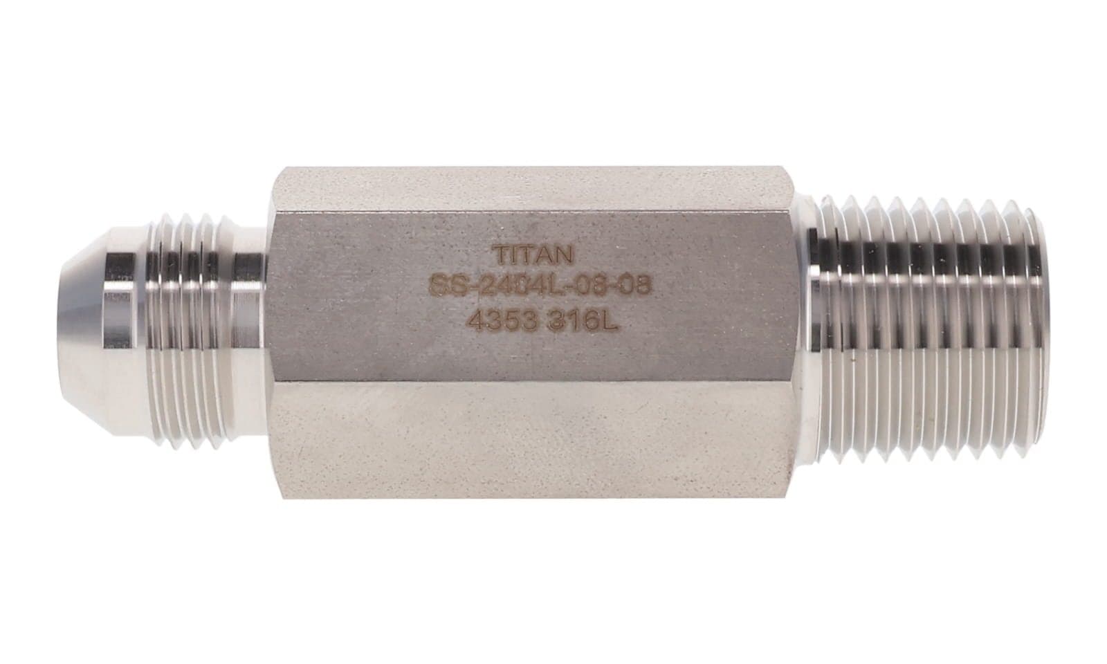 Stainless steel JIC 37° male × long NPT male connector, 316L, side view