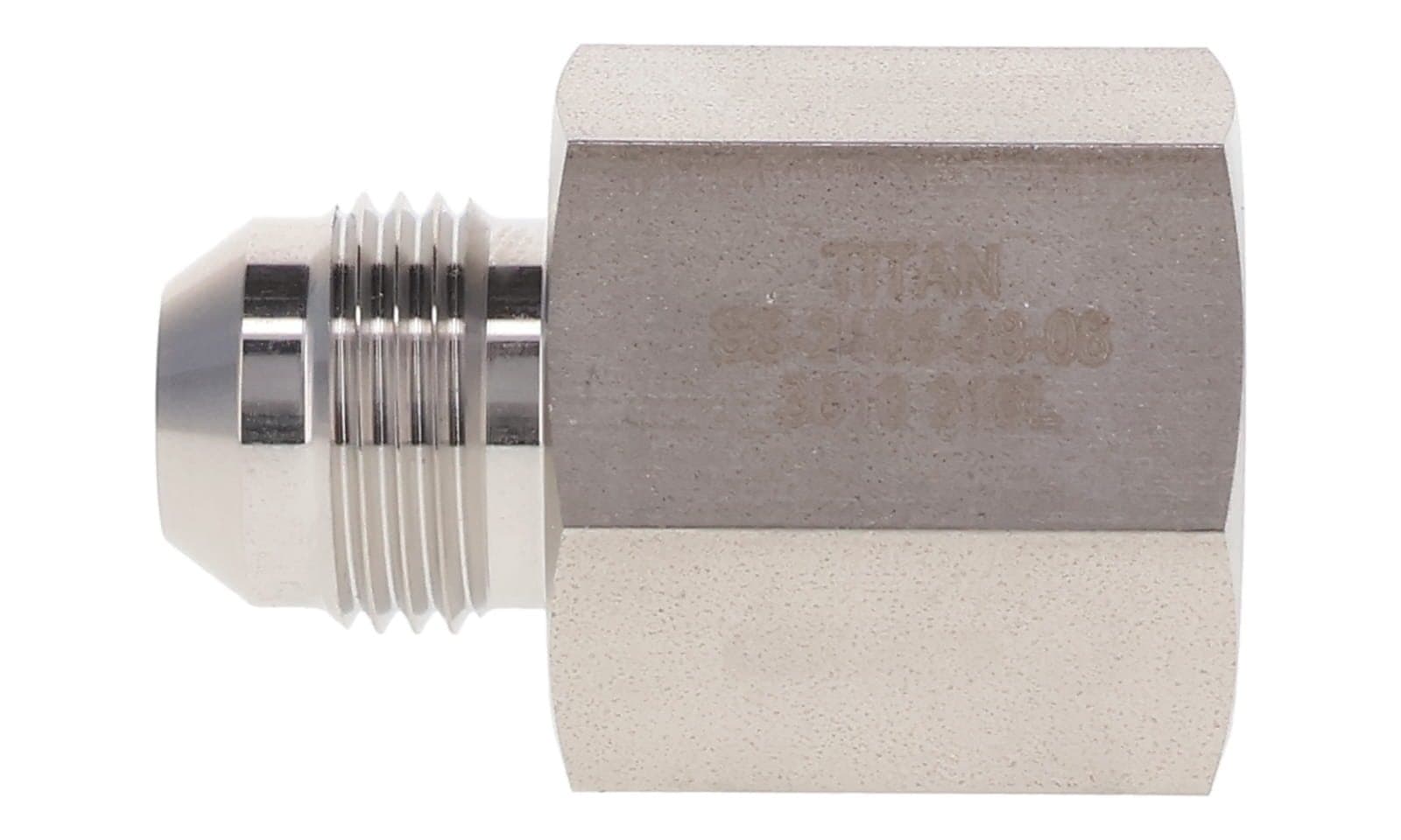 Stainless steel JIC 37° male × NPT female connector, 316L, side view