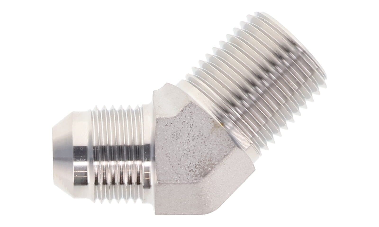 Stainless steel JIC 37° male × NPT male 45° elbow, 316L, top view