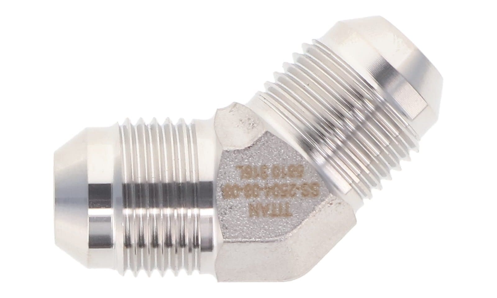 Stainless steel JIC 37° male union 45° elbow, 316L, top view