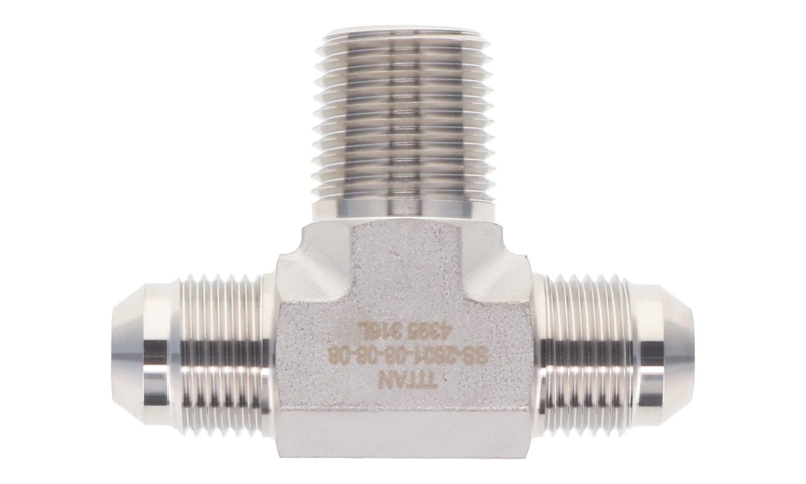 Stainless steel JIC 37° male × NPT male branch tee, 316L, top view